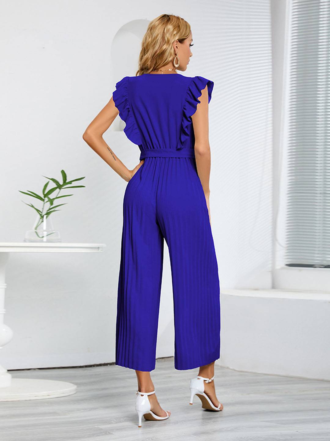 Levoire | Pantalons Larges Combinaisons Décolleté En V Festonné Plissé Ceinture Sans Manches Femme Élégant Boho Décontracté