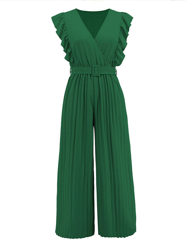 Levoire | Pantalons Larges Combinaisons Décolleté En V Festonné Plissé Ceinture Sans Manches Femme Élégant Boho Décontracté
