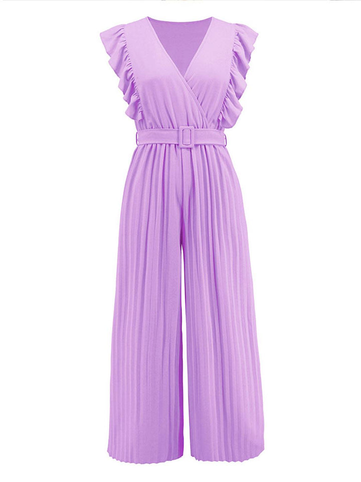 Levoire | Pantalons Larges Combinaisons Décolleté En V Festonné Plissé Ceinture Sans Manches Femme Élégant Boho Décontracté