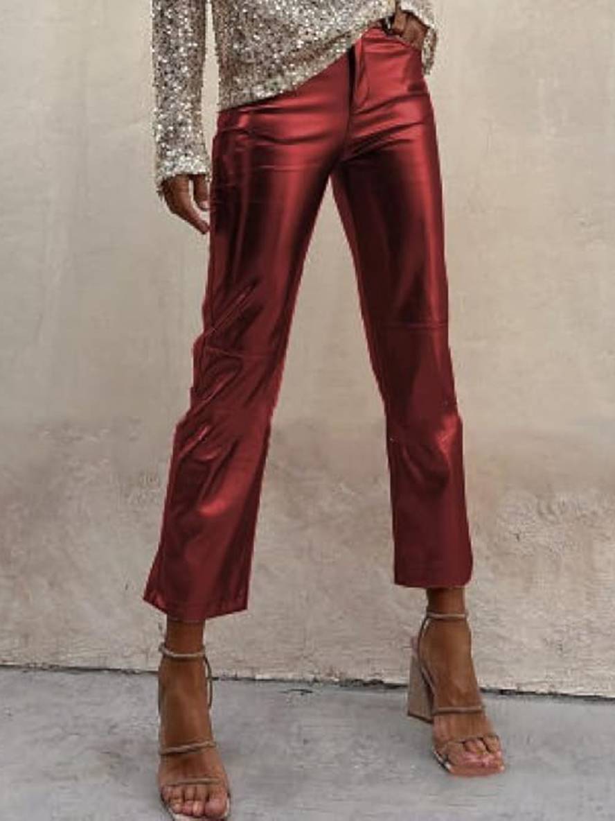 Levoire | Pantalon Droit À Fermeture Éclair Poches Taille Moyenne Dames Élégant Décontracté Mode Bordeaux
