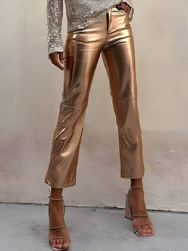 Levoire | Pantalon Droit À Fermeture Éclair Poches Taille Moyenne Dames Élégant Décontracté Mode Or