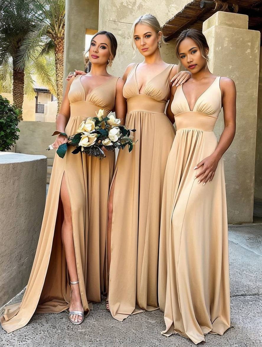 Levoire | Robe De Demoiselle D'Honneur Longue Avec Fente Sur Le Côté Décolleté En V Bretelles Femme Élégante Pour Mariage
