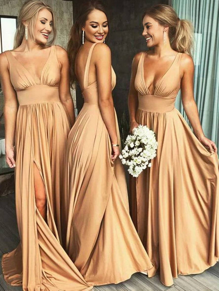 Levoire | Robe De Demoiselle D'Honneur Longue Avec Fente Sur Le Côté Décolleté En V Bretelles Femme Élégante Pour Mariage