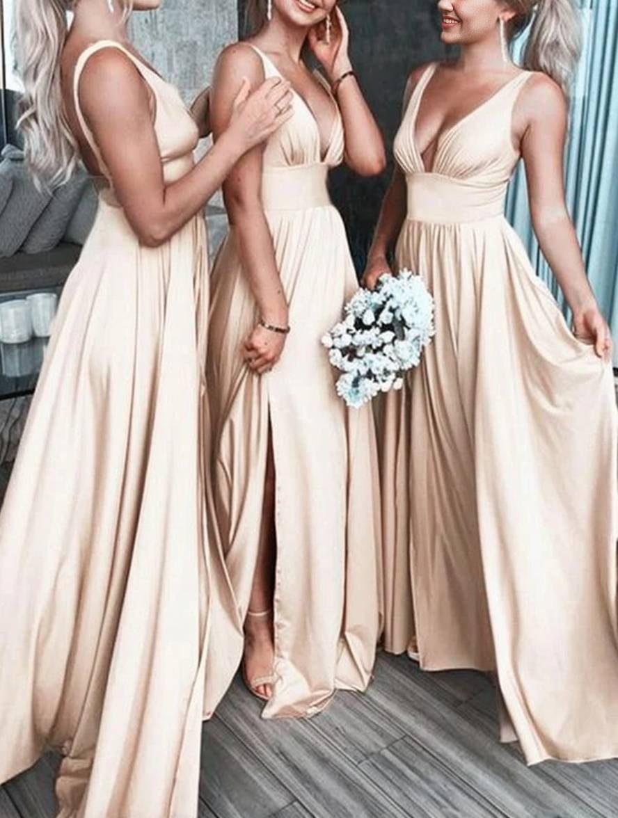 Levoire | Robe De Demoiselle D'Honneur Longue Avec Fente Sur Le Côté Décolleté En V Bretelles Femme Élégante Pour Mariage Abricot