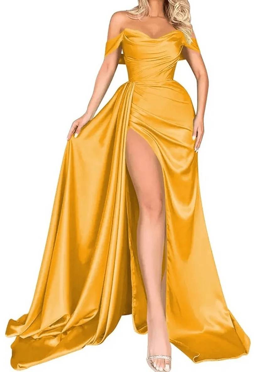 Levoire | Robe Longue Fente Latérale Dos Nu En Découpe Bateau Sans Manches Élégante Robe De Soirée Jaune