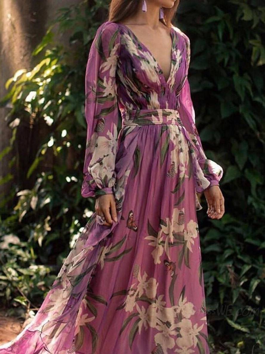 Levoire | Robe Longue À Fleurs Fluide Décolletée En V Manches Longues Pour Femmes Élégante Violette