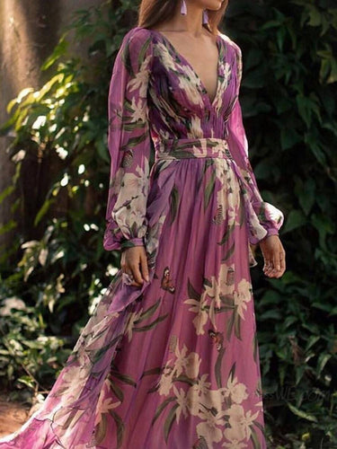 Levoire | Robe Longue À Fleurs Fluide Décolletée En V Manches Longues Pour Femmes Élégante Violette