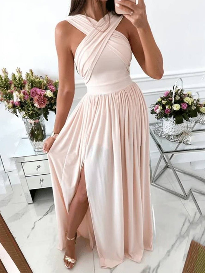 Levoire | Robe Longue À Volants Sur Le Côté Fluide Dos Nu Sans Manches Décolleté En V Élégante Soirée Promotion Cérémonie Beige