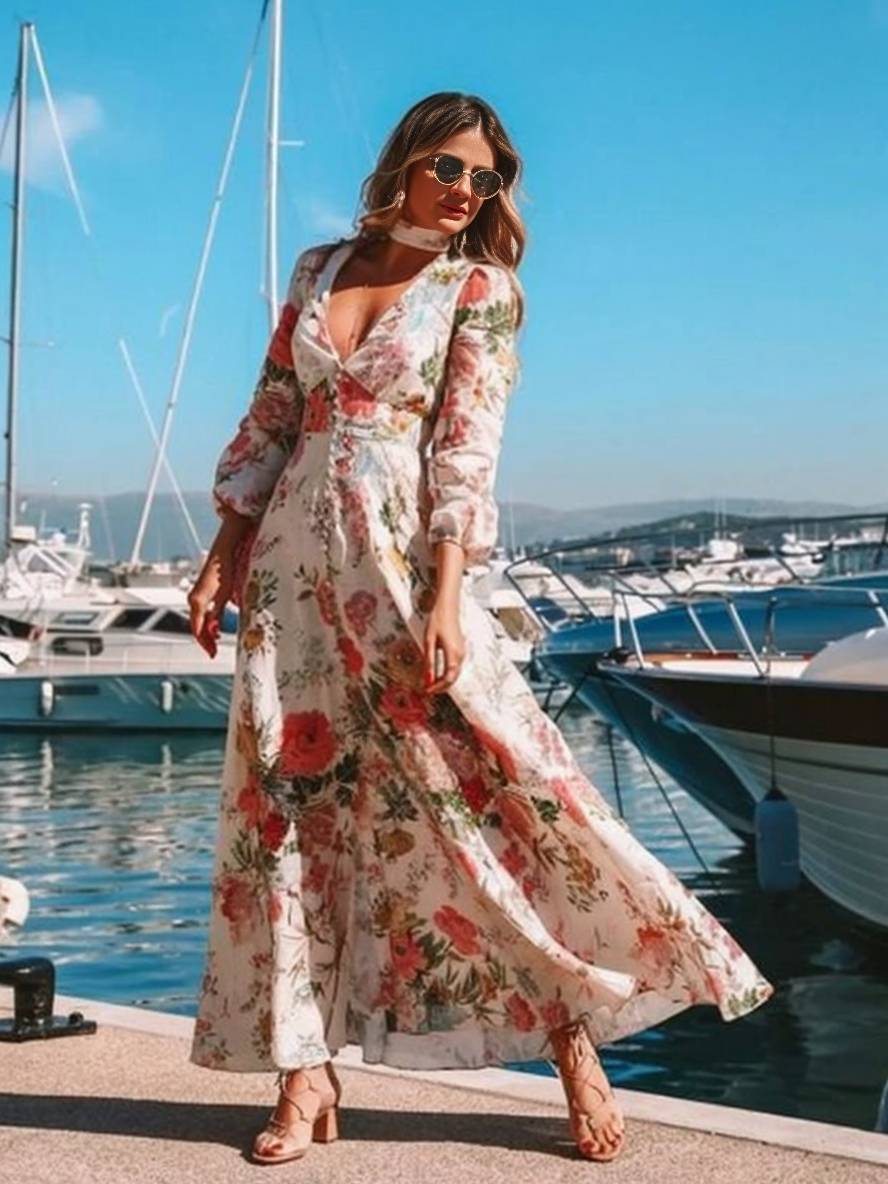Levoire | Robe Longue À Motif Floral Décolleté En V Boutons Manches Longues Dames Boho Élégante Invitée De Mariage Blanche