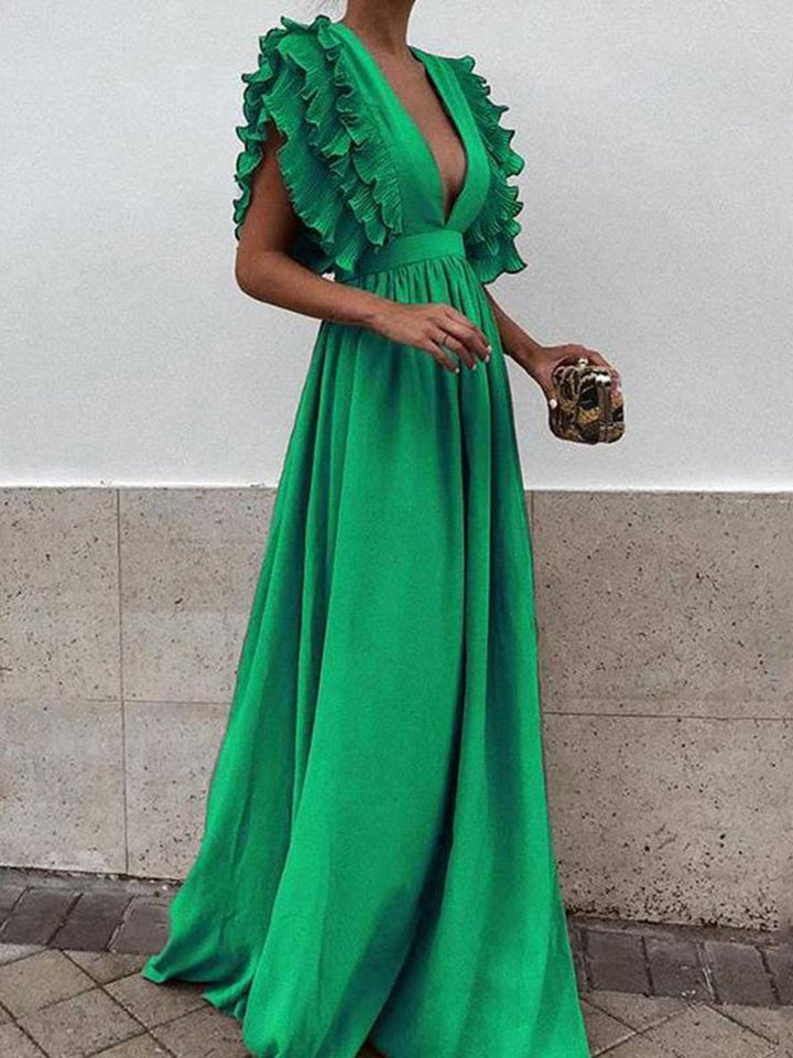 Levoire | Robe Longue Avec Volants Décolleté Profond Fluide Manches Courtes Femmes Bohème Élégante Soirée Vert
