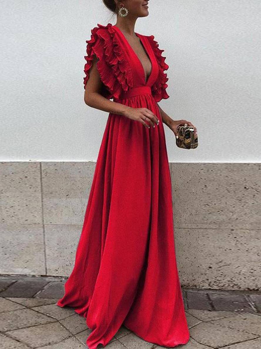 Levoire | Robe Longue Avec Volants Décolleté Profond Fluide Manches Courtes Femmes Bohème Élégante Soirée Rot