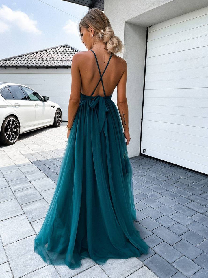 Levoire | Robe Longue En Tulle Dentelle À Décolleté En V Dos Croisé Fluide Sans Manches Pour Femmes Élégante Soirée Plage
