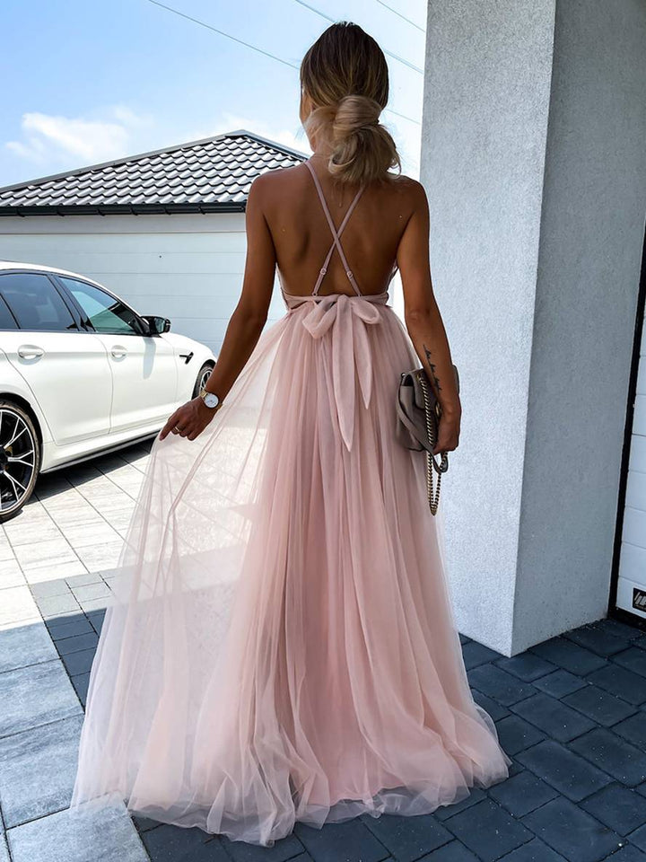 Levoire | Robe Longue En Tulle Dentelle À Décolleté En V Dos Croisé Fluide Sans Manches Pour Femmes Élégante Soirée Plage