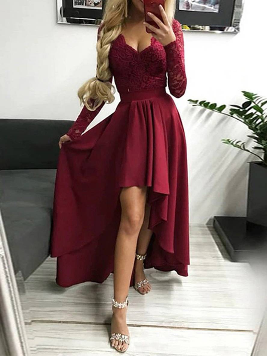 Levoire | Robe Longue Avec Dentelle Courte Devant Longue Derrière Trapèze Décolleté En V Manches Longues Femme Élégante Cocktail Rot