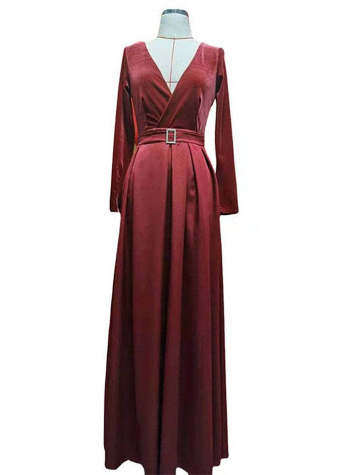Levoire | Robe En Flanelle Longue À Col En V Avec Fente Latérale Et Ceinture À Manches Longues Pour Femmes Élégante Soirée Bal Bal De Fin D'Année