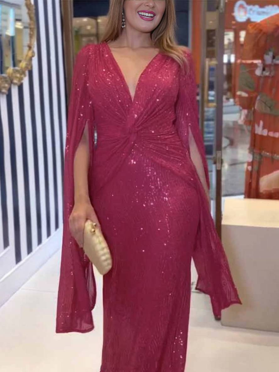 Levoire | Robe De Soirée Longue À Décolleté En V Brillant Avec Sequins, Manches À Nœud, Manches Fendues Rot