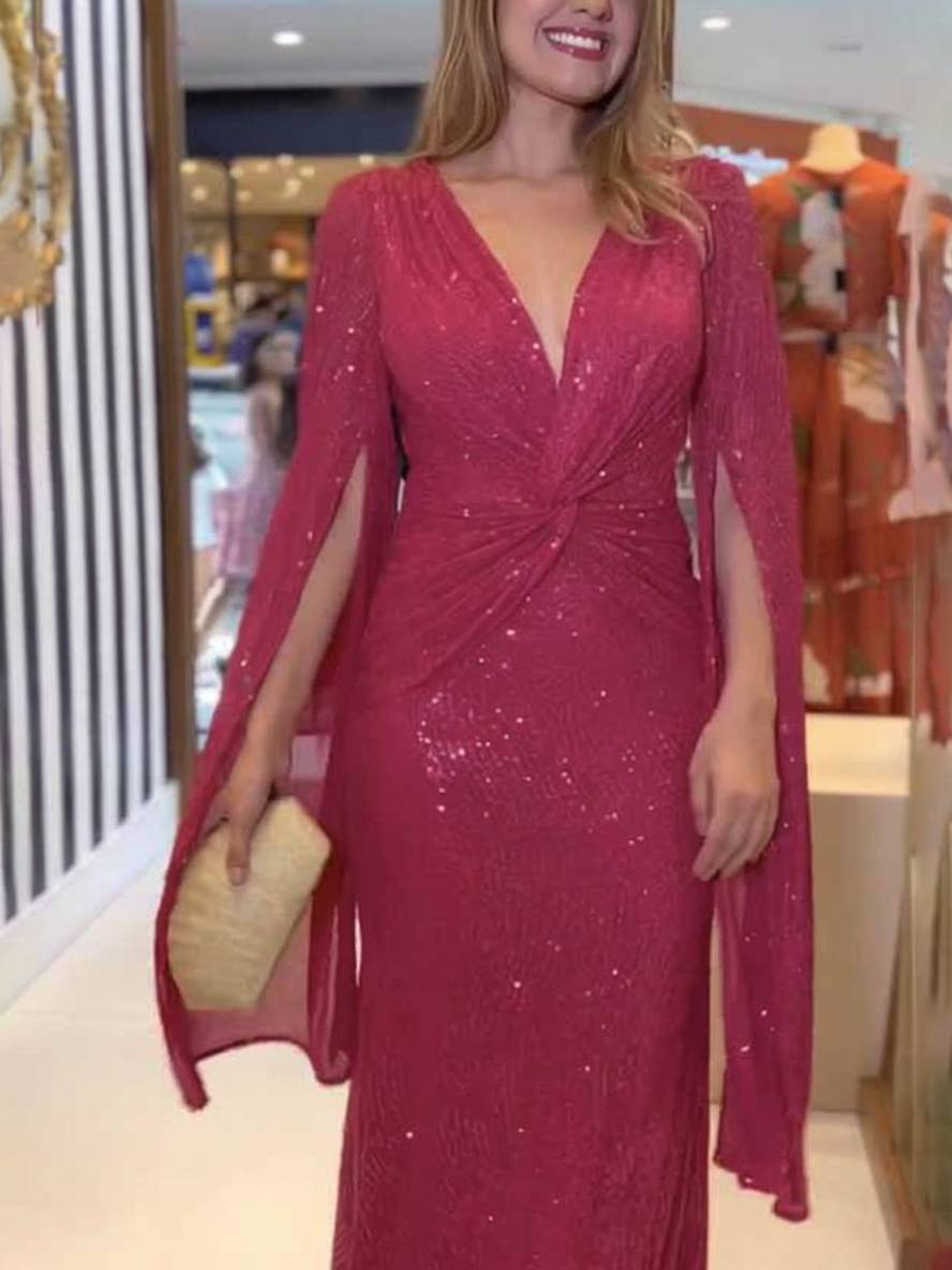 Levoire | Robe De Soirée Longue À Décolleté En V Brillant Avec Sequins, Manches À Nœud, Manches Fendues