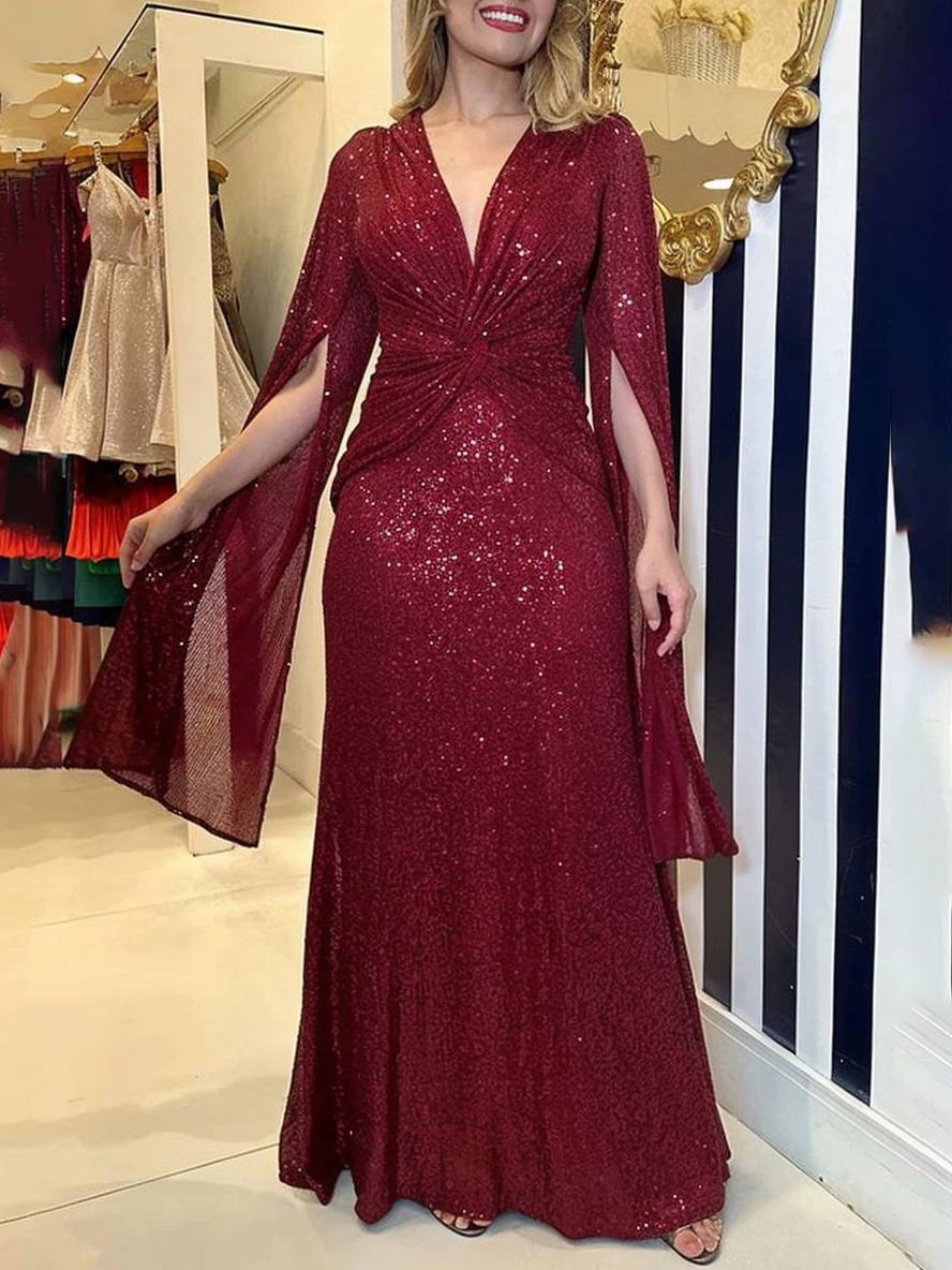 Levoire | Robe De Soirée Longue À Décolleté En V Brillant Avec Sequins, Manches À Nœud, Manches Fendues Bordeaux