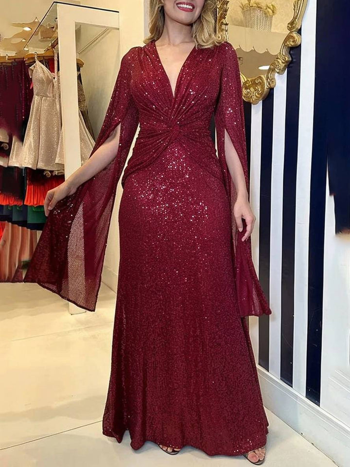 Levoire | Robe De Soirée Longue À Décolleté En V Brillant Avec Sequins, Manches À Nœud, Manches Fendues Bordeaux