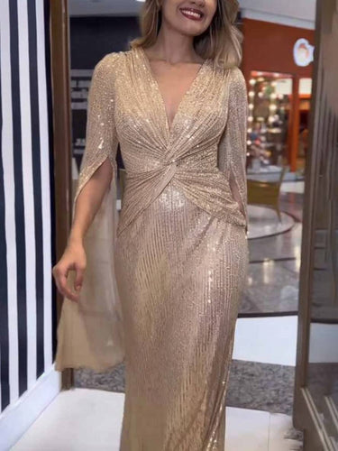 Levoire | Robe De Soirée Longue À Décolleté En V Brillant Avec Sequins, Manches À Nœud, Manches Fendues