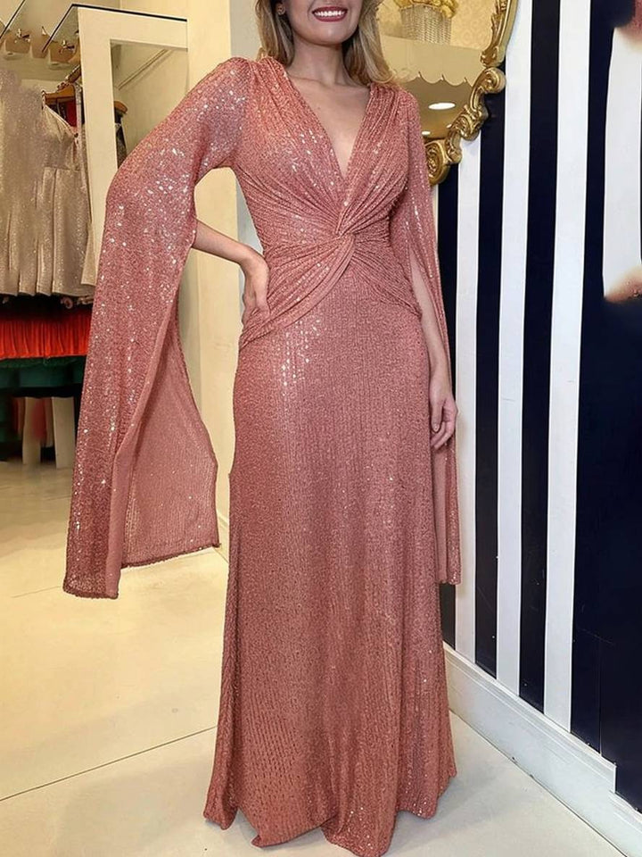 Levoire | Robe De Soirée Longue À Décolleté En V Brillant Avec Sequins, Manches À Nœud, Manches Fendues Rosa