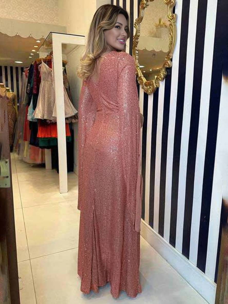 Levoire | Robe De Soirée Longue À Décolleté En V Brillant Avec Sequins, Manches À Nœud, Manches Fendues