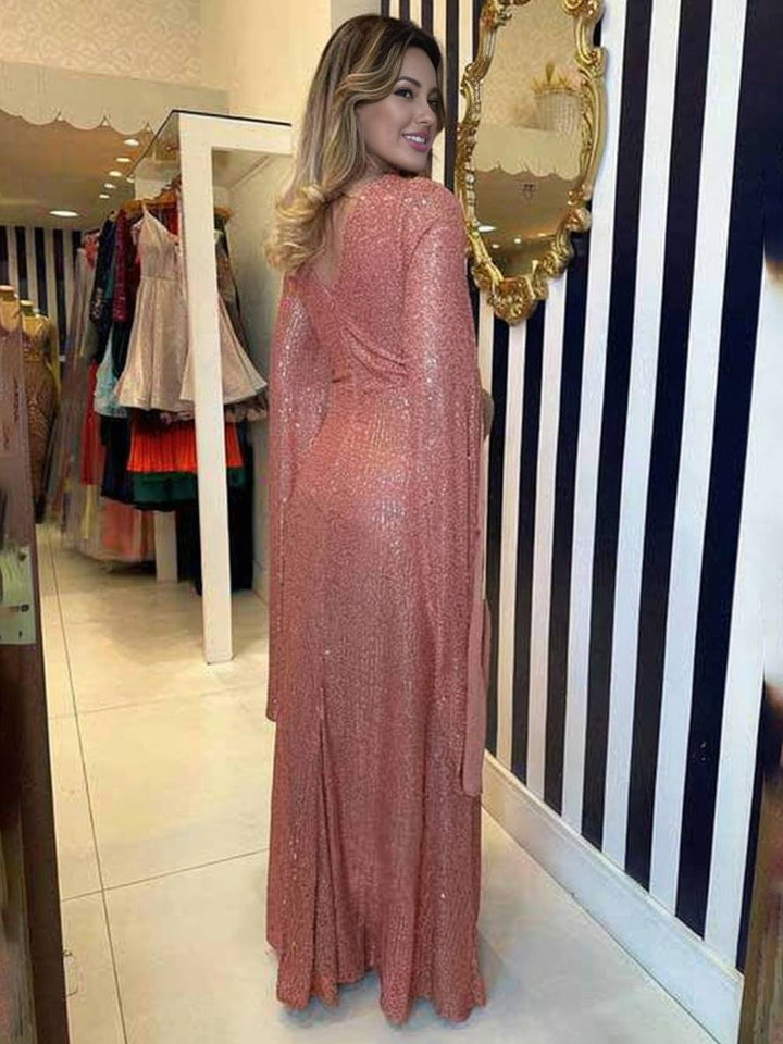 Levoire | Robe De Soirée Longue À Décolleté En V Brillant Avec Sequins, Manches À Nœud, Manches Fendues