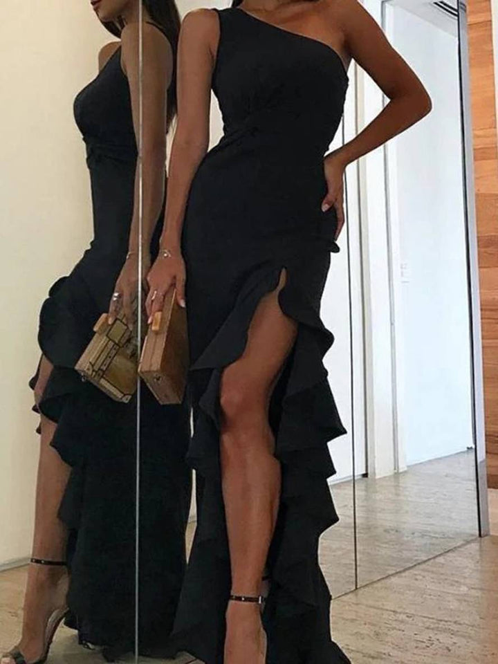 Levoire | Robe De Soirée Longue Avec Fente Latérale Et Ourlet À Volants Asymétrique Sans Manches Femmes Élégante Cérémonie
