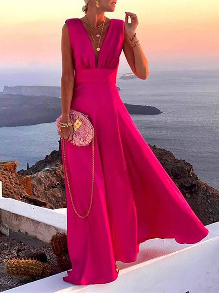 Levoire | Robe De Soirée En Chiffon Longue Dos Nu Bretelles Décolleté Plongeant Sans Manches Mode Élégante Pour Femmes Rot
