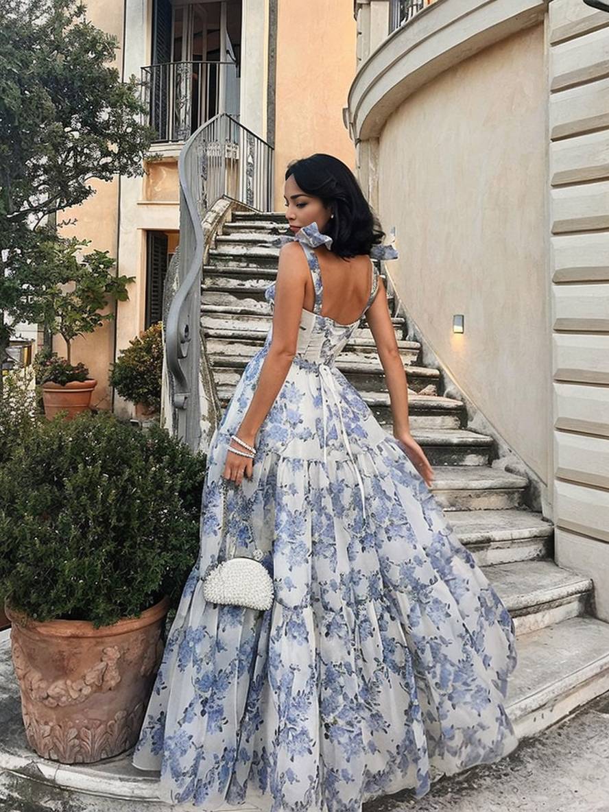 Levoire | Robe De Soirée Longue Imprimée Avec Des Fleurs En Chiffon Nœud Bustier Sans Manches Pour Dames Élégante Vintage Bal De Fin D'Études