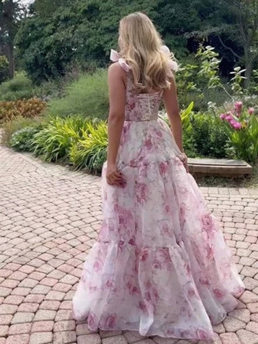 Levoire | Robe De Soirée Longue Imprimée Avec Des Fleurs En Chiffon Nœud Bustier Sans Manches Pour Dames Élégante Vintage Bal De Fin D'Études