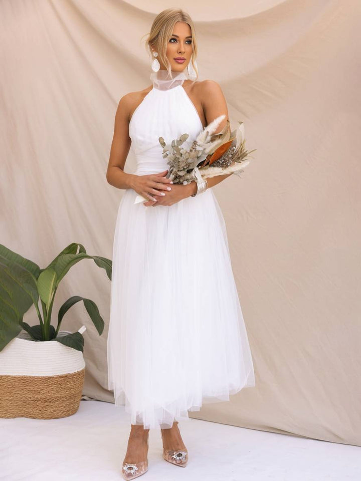 Levoire | Robe Longue En A À Encolure Halter En Tulle, Tutu, Nœud Papillon, Sans Manches, Pour Femmes, Douce, Élégante, Soirée, Bal De Promo Blanc
