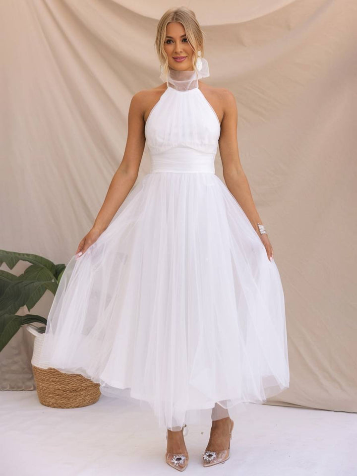 Levoire | Robe Longue En A À Encolure Halter En Tulle, Tutu, Nœud Papillon, Sans Manches, Pour Femmes, Douce, Élégante, Soirée, Bal De Promo