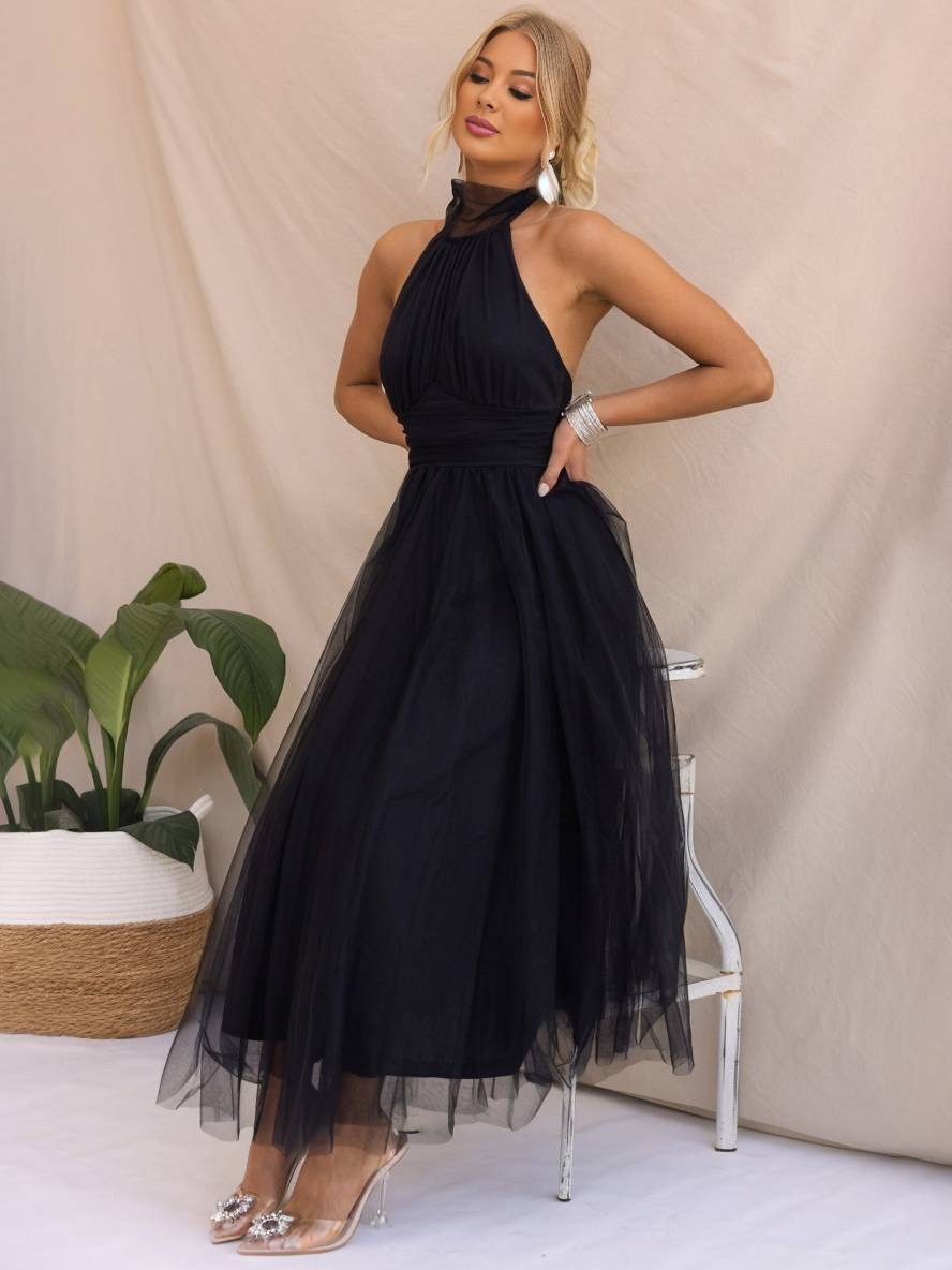 Levoire | Robe Longue En A À Encolure Halter En Tulle, Tutu, Nœud Papillon, Sans Manches, Pour Femmes, Douce, Élégante, Soirée, Bal De Promo