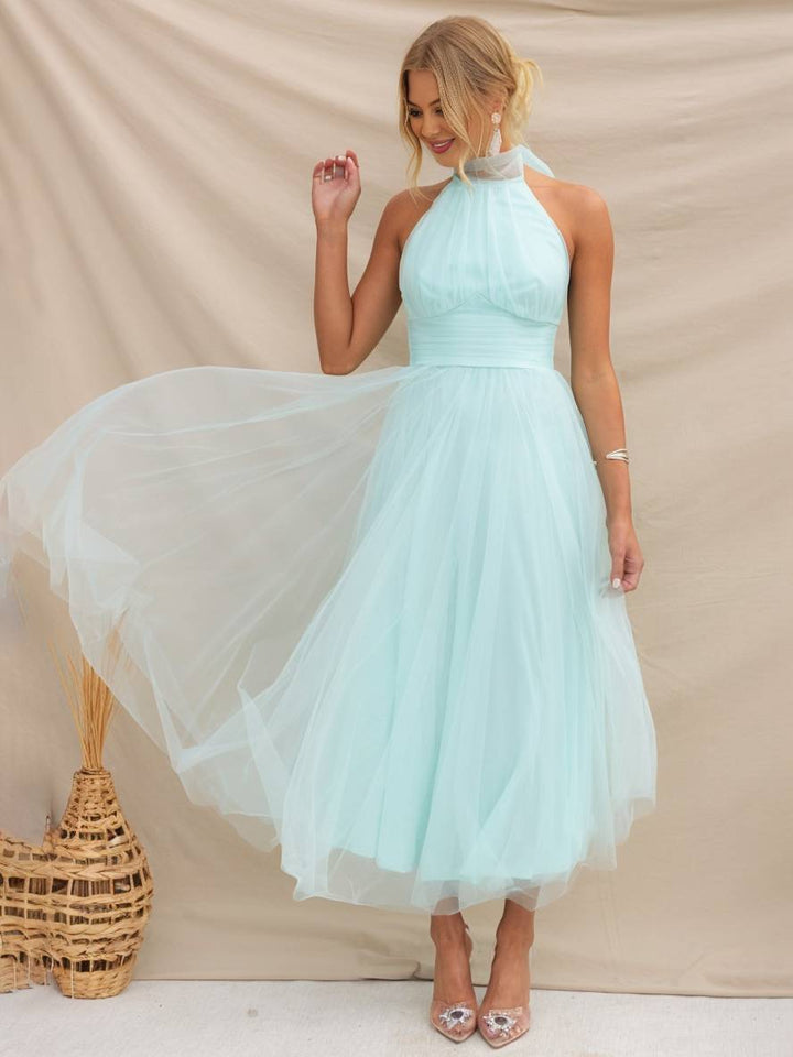 Levoire | Robe Longue En A À Encolure Halter En Tulle, Tutu, Nœud Papillon, Sans Manches, Pour Femmes, Douce, Élégante, Soirée, Bal De Promo