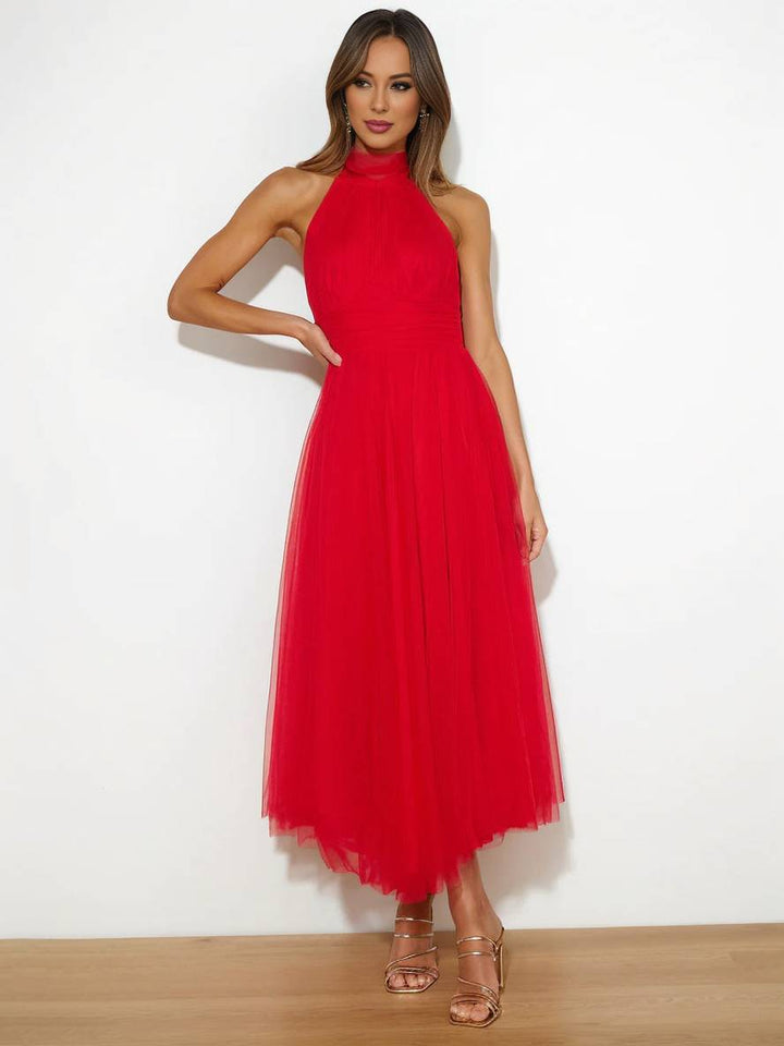 Levoire | Robe Longue En A À Encolure Halter En Tulle, Tutu, Nœud Papillon, Sans Manches, Pour Femmes, Douce, Élégante, Soirée, Bal De Promo Rot