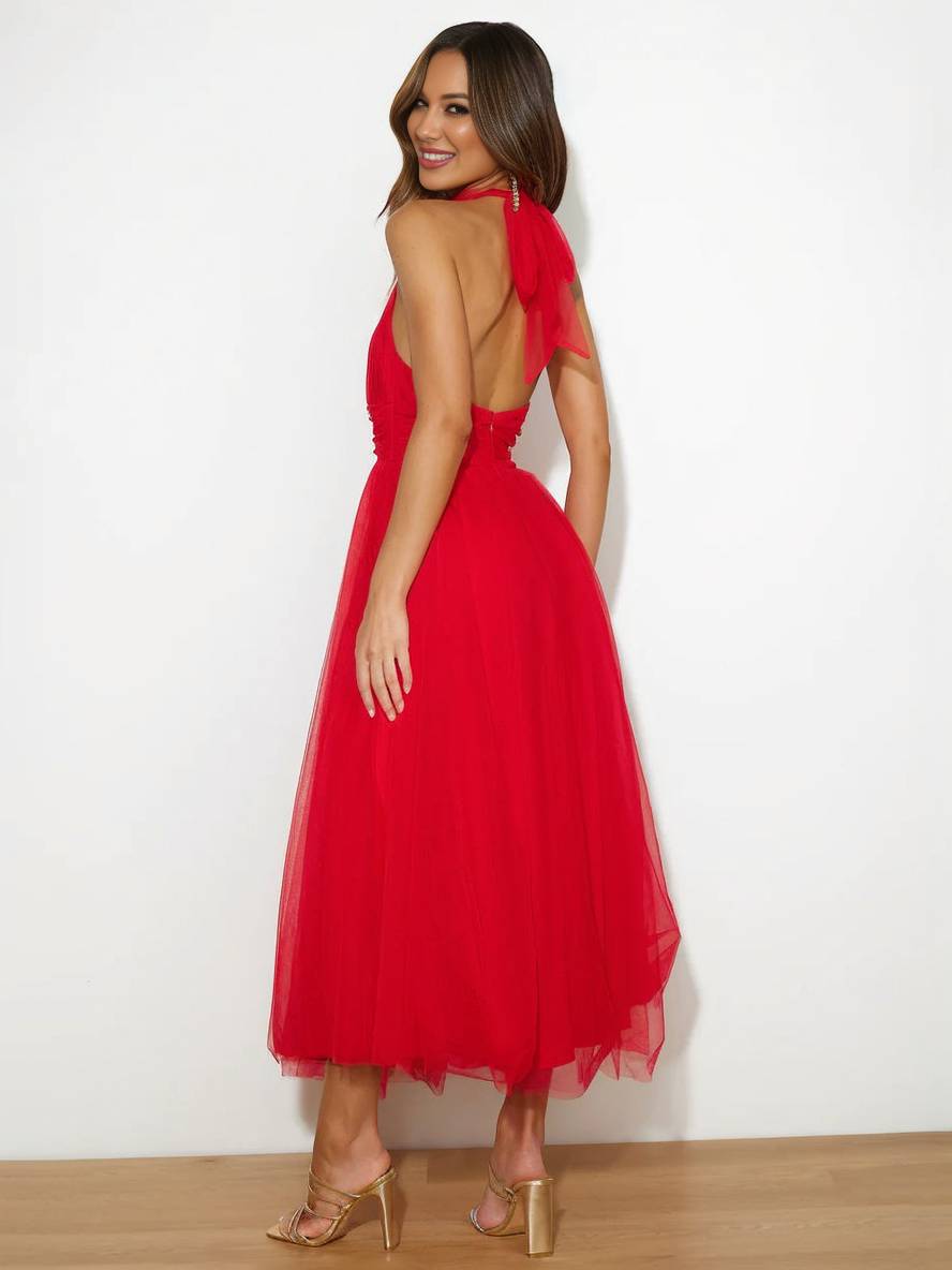 Levoire | Robe Longue En A À Encolure Halter En Tulle, Tutu, Nœud Papillon, Sans Manches, Pour Femmes, Douce, Élégante, Soirée, Bal De Promo