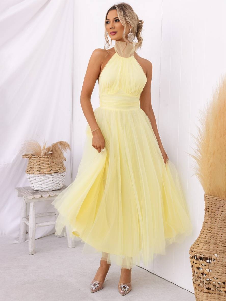 Levoire | Robe Longue En A À Encolure Halter En Tulle, Tutu, Nœud Papillon, Sans Manches, Pour Femmes, Douce, Élégante, Soirée, Bal De Promo