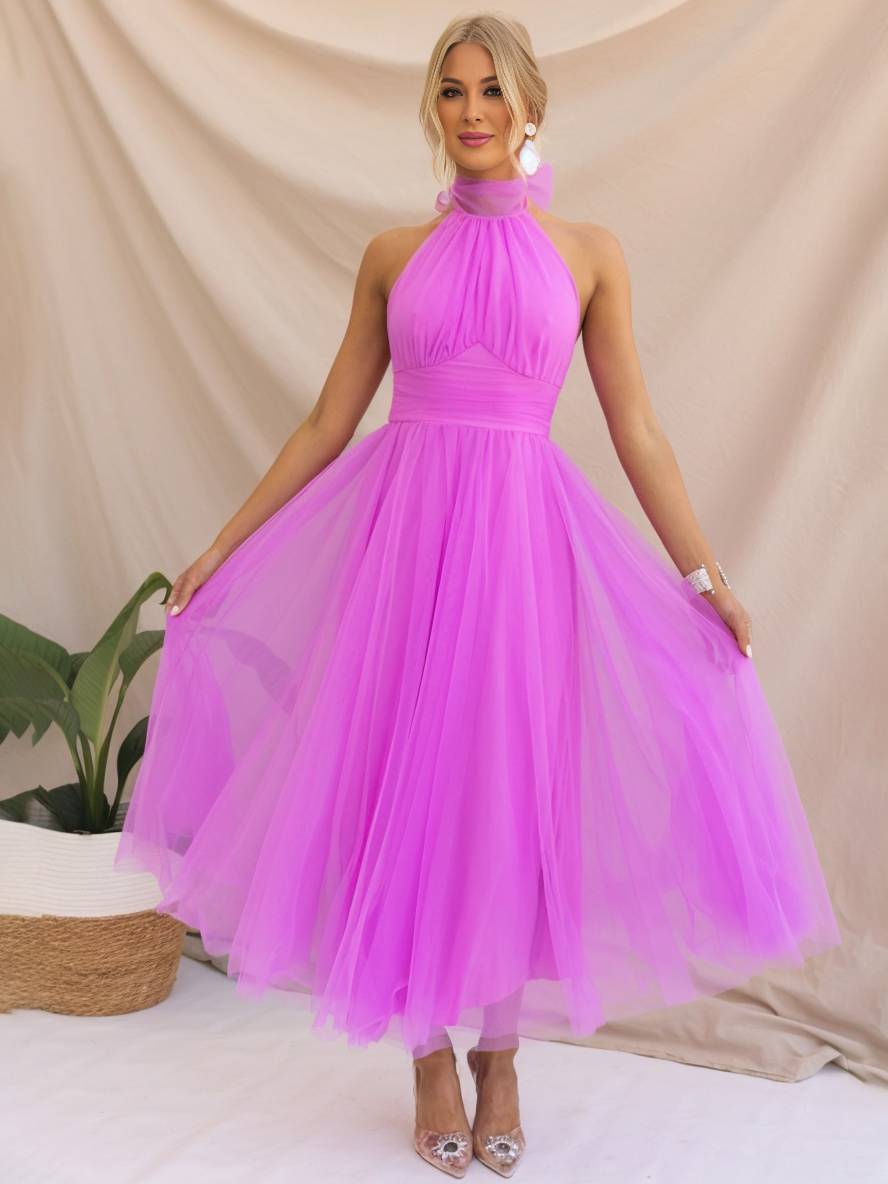 Levoire | Robe Longue En A À Encolure Halter En Tulle, Tutu, Nœud Papillon, Sans Manches, Pour Femmes, Douce, Élégante, Soirée, Bal De Promo Lilas