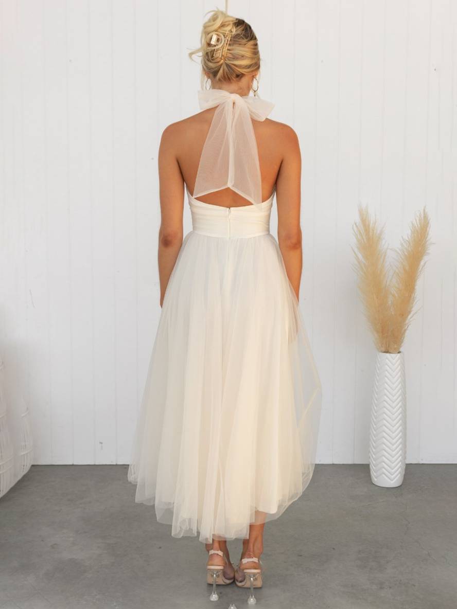 Levoire | Robe Longue En A À Encolure Halter En Tulle, Tutu, Nœud Papillon, Sans Manches, Pour Femmes, Douce, Élégante, Soirée, Bal De Promo