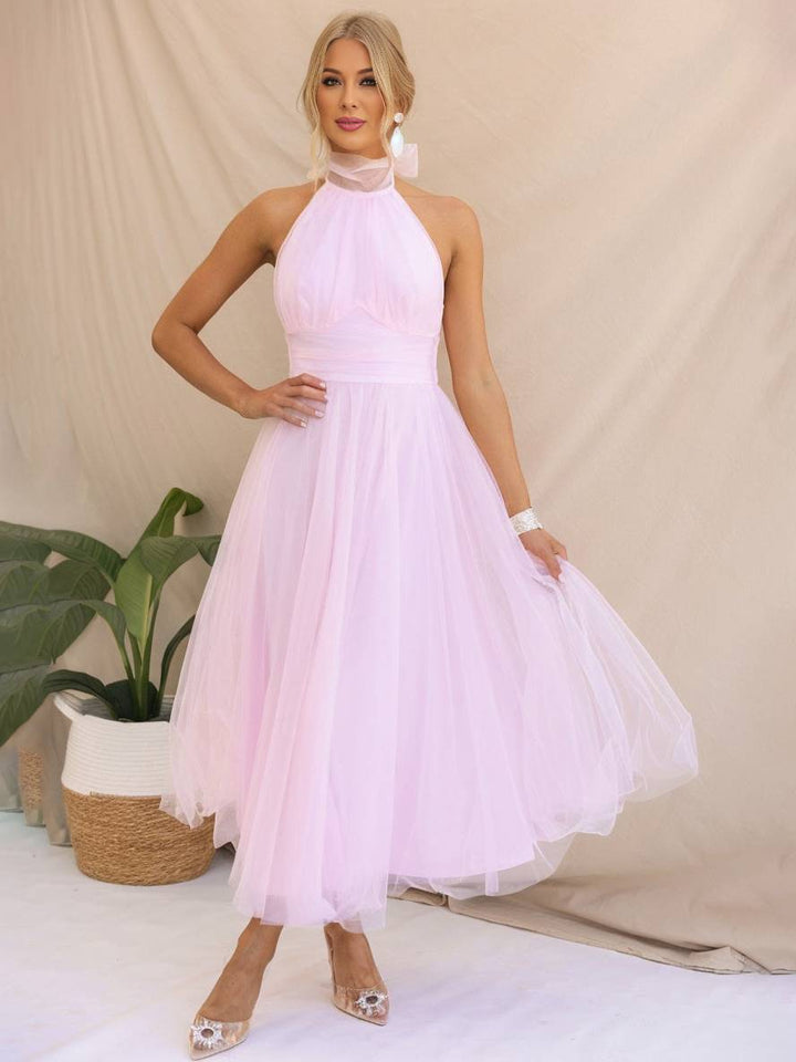 Levoire | Robe Longue En A À Encolure Halter En Tulle, Tutu, Nœud Papillon, Sans Manches, Pour Femmes, Douce, Élégante, Soirée, Bal De Promo