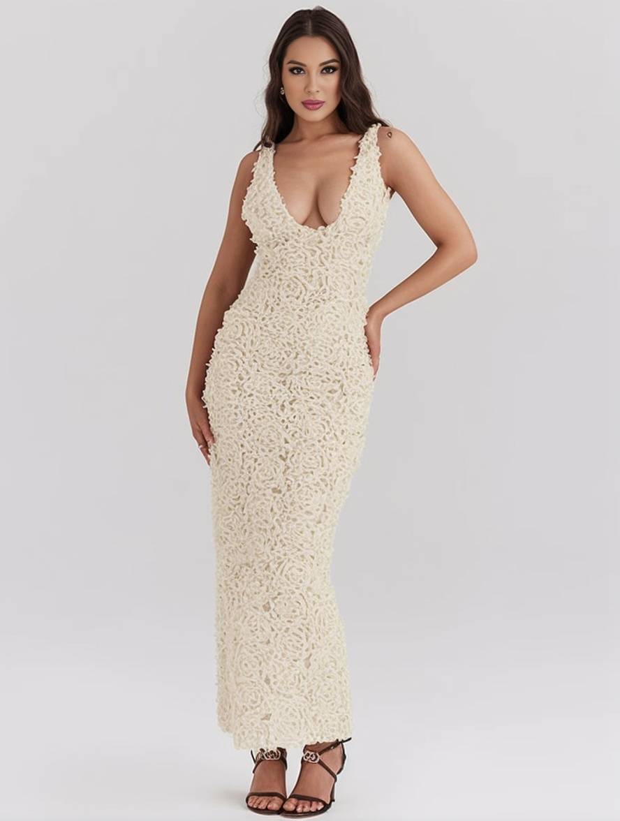 Levoire | Robe Longue Fendue Ajustée Appliques Décolleté Plongeant Sans Manches Élégante Robe De Soirée Pour Mariage