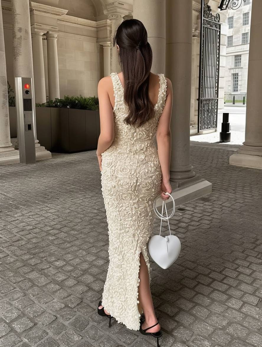 Levoire | Robe Longue Fendue Ajustée Appliques Décolleté Plongeant Sans Manches Élégante Robe De Soirée Pour Mariage