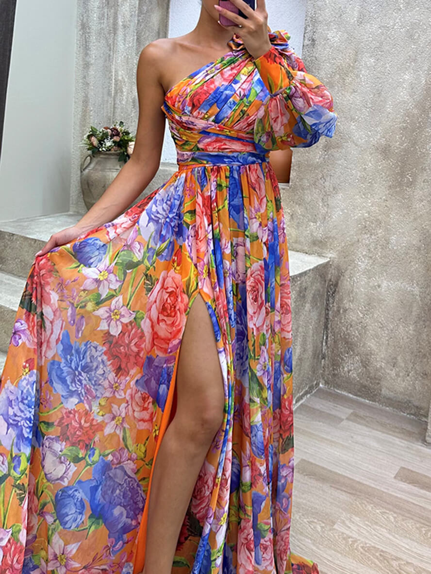 Levoire | Robe Longue À Motif Floral Avec Fentes Une Épaule Manches Évêque Manches Longues Femmes Élégante Loisirs Soirée Bal Masqué