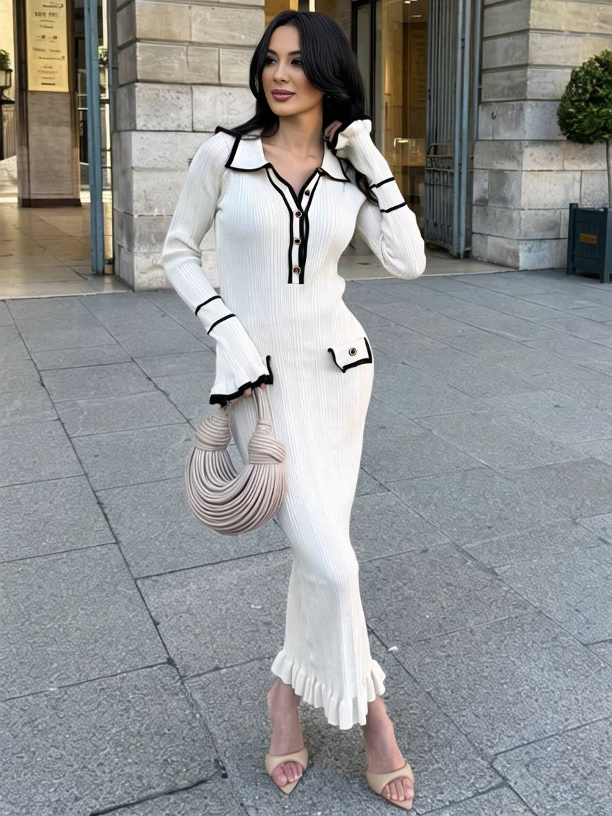 Levoire | Robe Pull Longue Polo Serrée Manches Évasées Manches Longues Fermeture Boutonnée Poches Élégant Femmes Bal De Fin D'Année Blanche