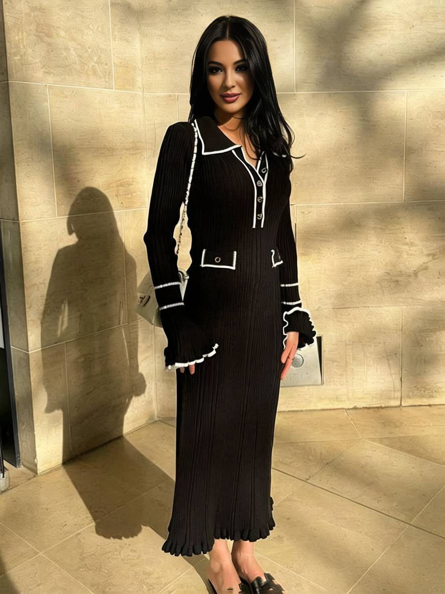 Levoire | Robe Pull Longue Polo Serrée Manches Évasées Manches Longues Fermeture Boutonnée Poches Élégant Femmes Bal De Fin D'Année