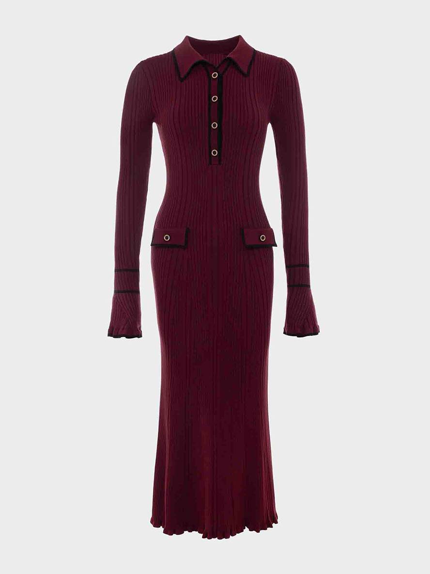 Levoire | Robe Pull Longue Polo Serrée Manches Évasées Manches Longues Fermeture Boutonnée Poches Élégant Femmes Bal De Fin D'Année