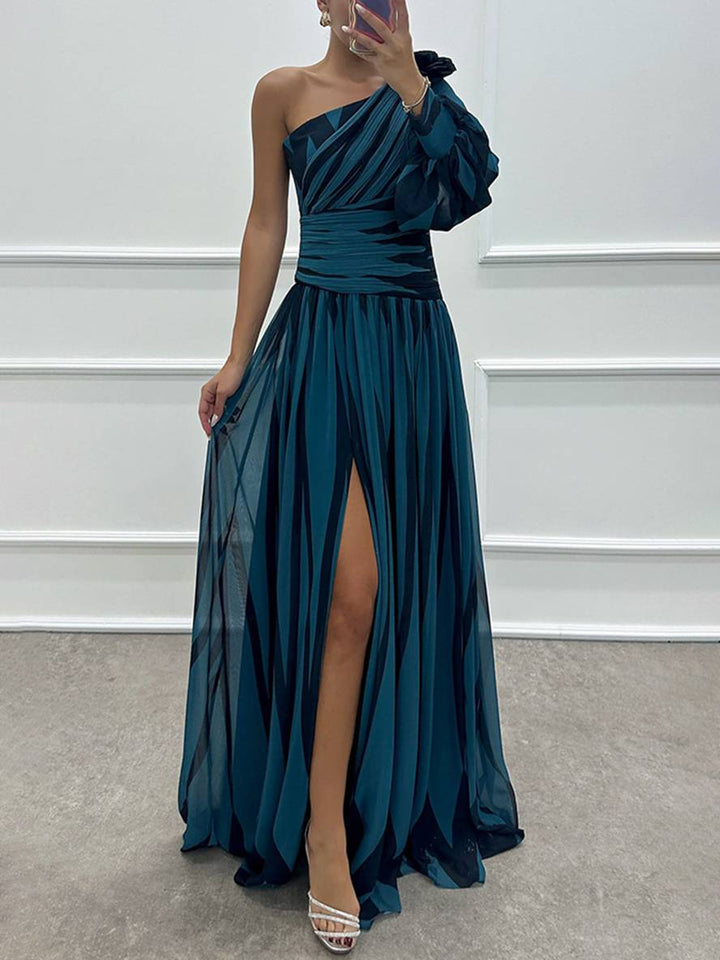 Levoire | Robe Longue Motif Zèbre Avec Fente Sur Le Côté Fluide Une Épaule Dames Élégant Soir Bal Promo Marine