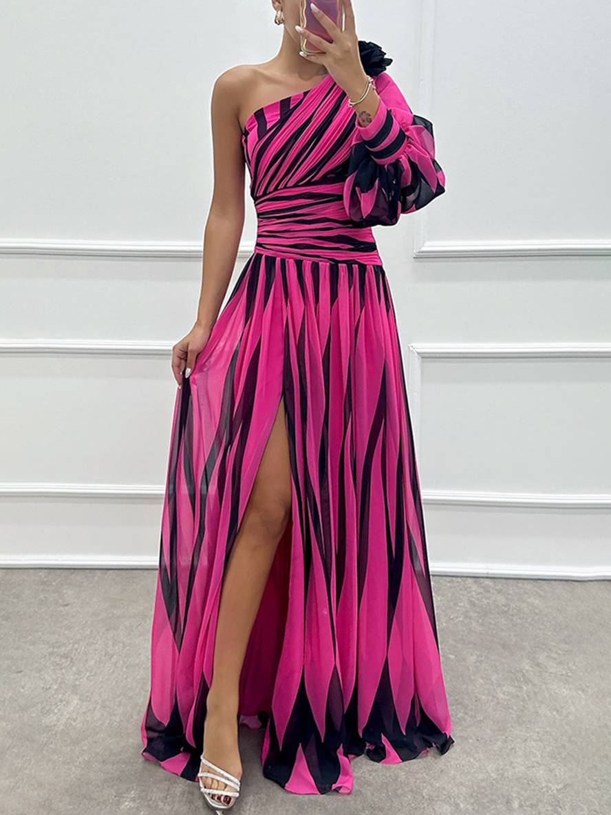 Levoire | Robe Longue Motif Zèbre Avec Fente Sur Le Côté Fluide Une Épaule Dames Élégant Soir Bal Promo Framboise