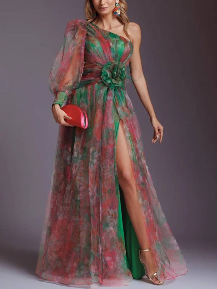 Levoire | Robe Longue À Motifs Floraux En Chiffon Tulle Coupée Sur Le Côté Une Épaule Femmes Élégantes Décontractées De Soirée Vert